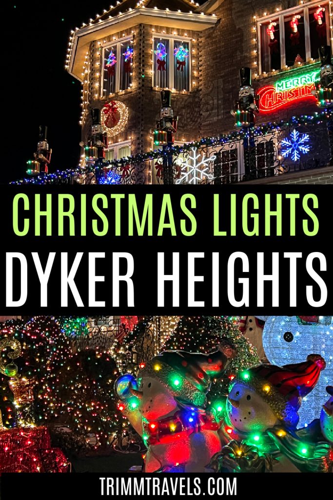 Pinterest graphic with house with multi-color Christmas lights in the background and the title "Christmas Lights Dyker Heights" in the center