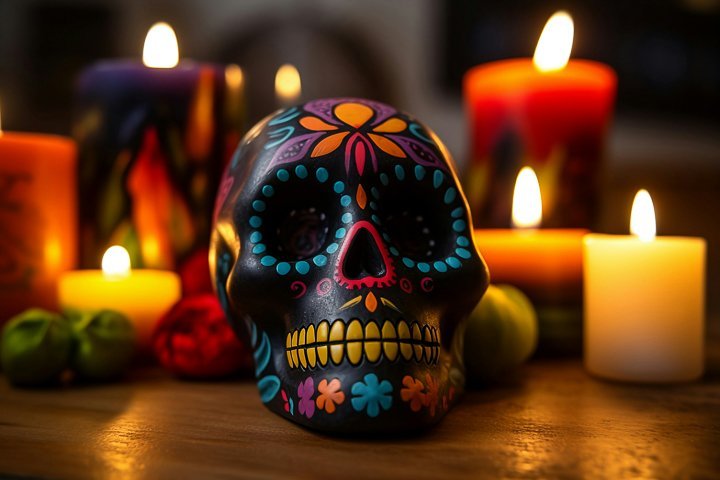 colorful painted skull on a table in front of multiple lit candles in different heights and all different colors