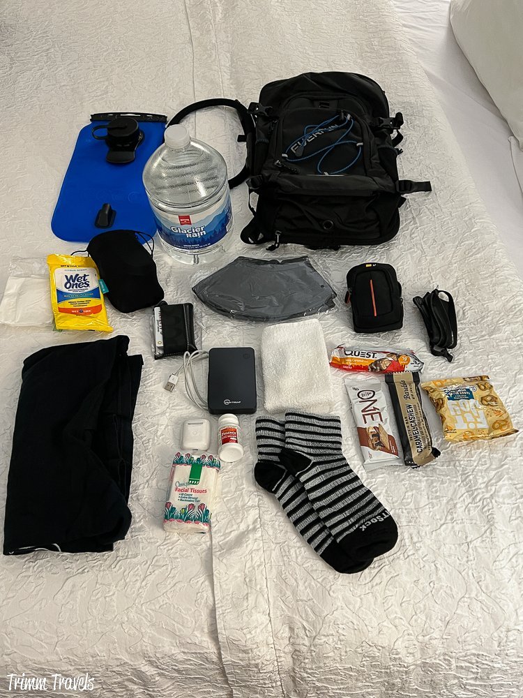 all of the equipment such as water bladder, sun hat, snacks, etc that heather from trimm travels packed to hike the wave in arizona