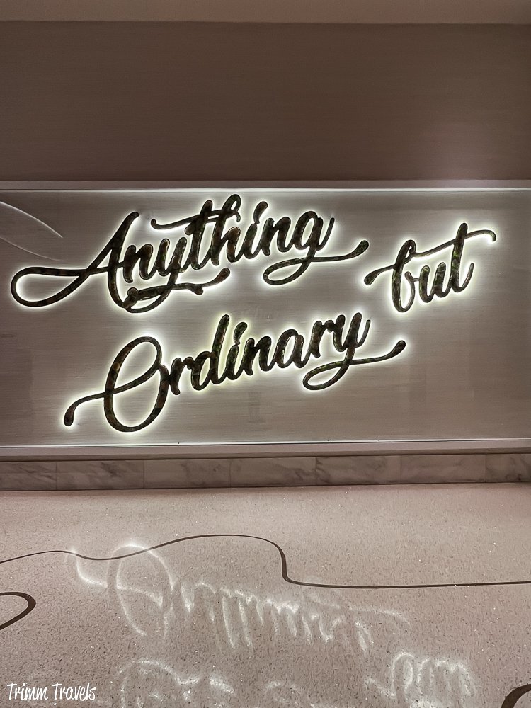 a closeup of a lit up sign in las vegas that reads "anything but ordinary"