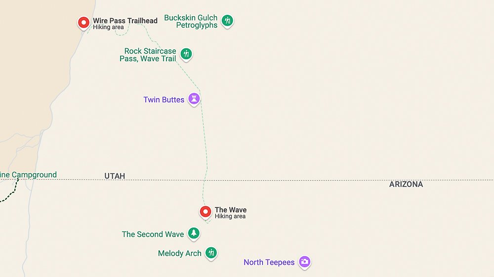 google maps screenshot showing the border of arizona and utah and pinpointing where the trailhead in utah is and where the wave in arizona is