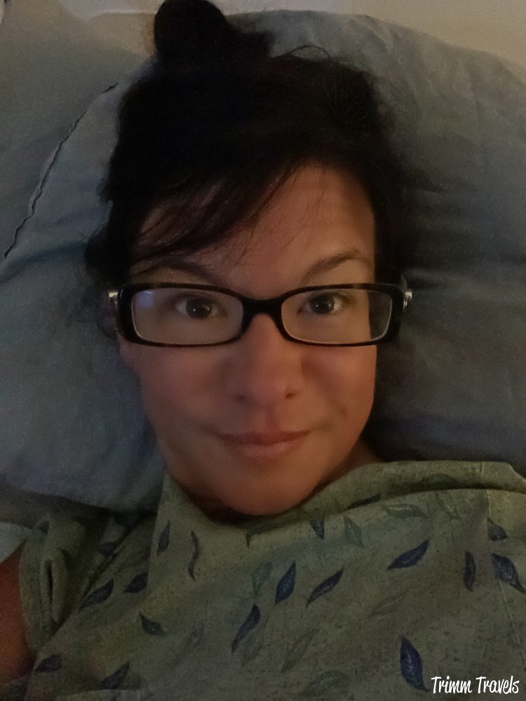 closeup selfie of heather from trimm travels in the hospital after appendectomy